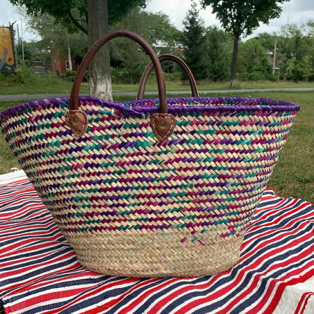 NWT french basket genuine leather straps -moroccan basket - woven bag -  bag XL - Picture 3 of 6